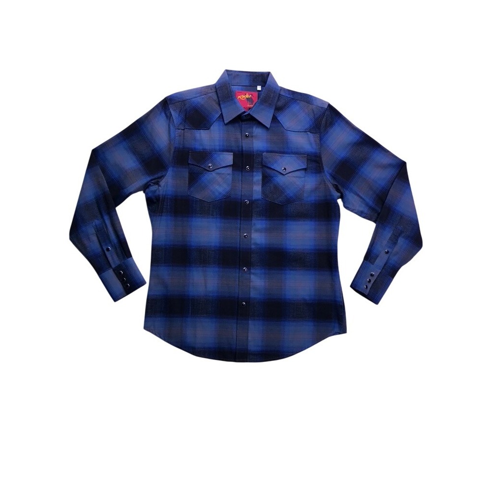 Rodeo Clothing Co Western Shirt Mens M Blue Plaid Flannel FLS300 Pearl Snap